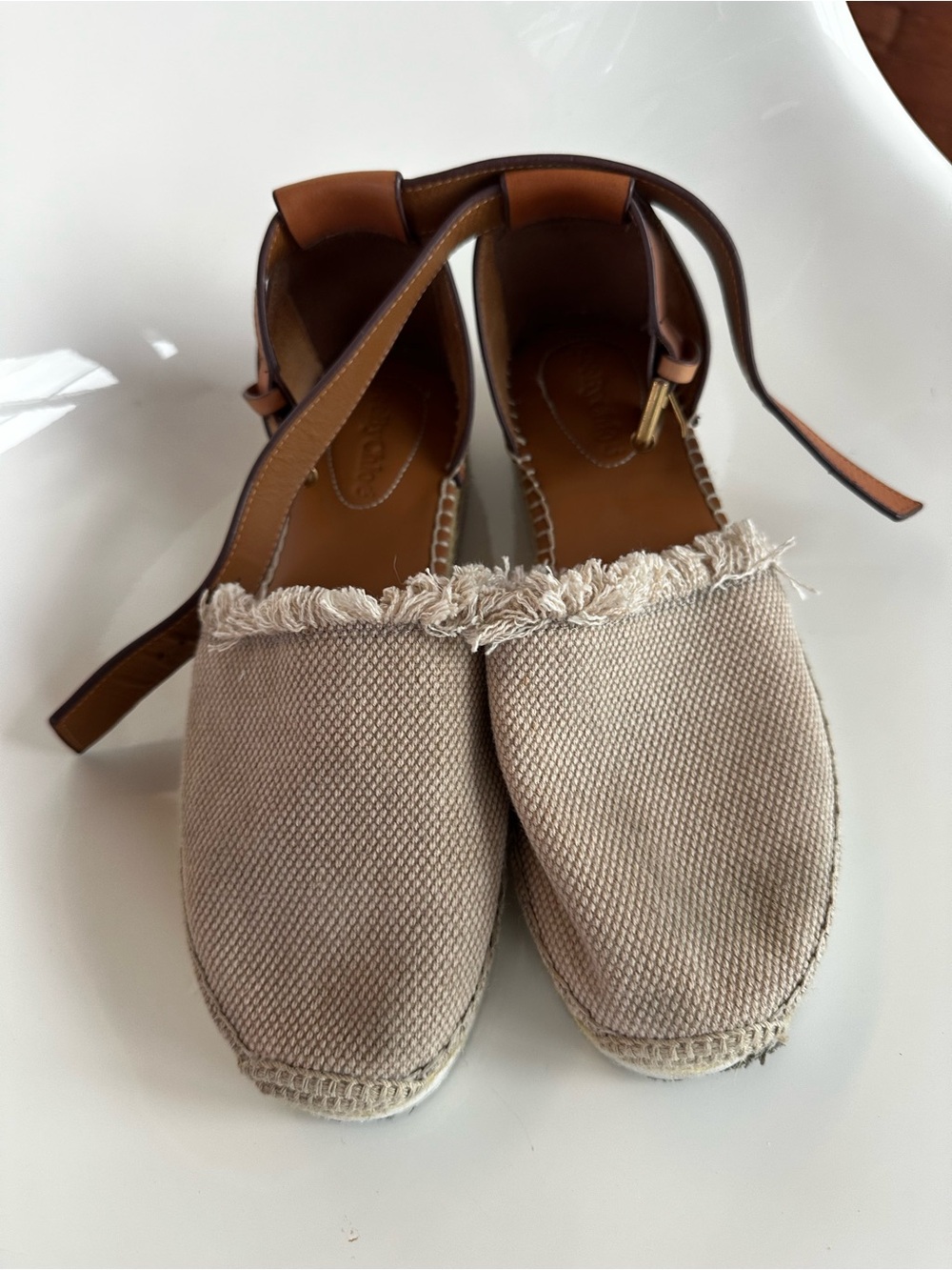 See By Chloe Beige Canvas Espadrille Sandals with Tan Ankle Straps